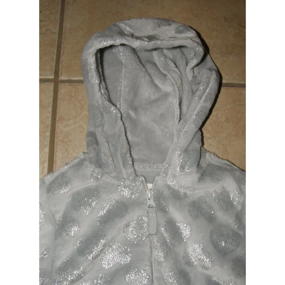 NEW Girls Sz XS (4-5) Sparkly Silver Hearts Soft Plush Full Zip Hooded Jacket